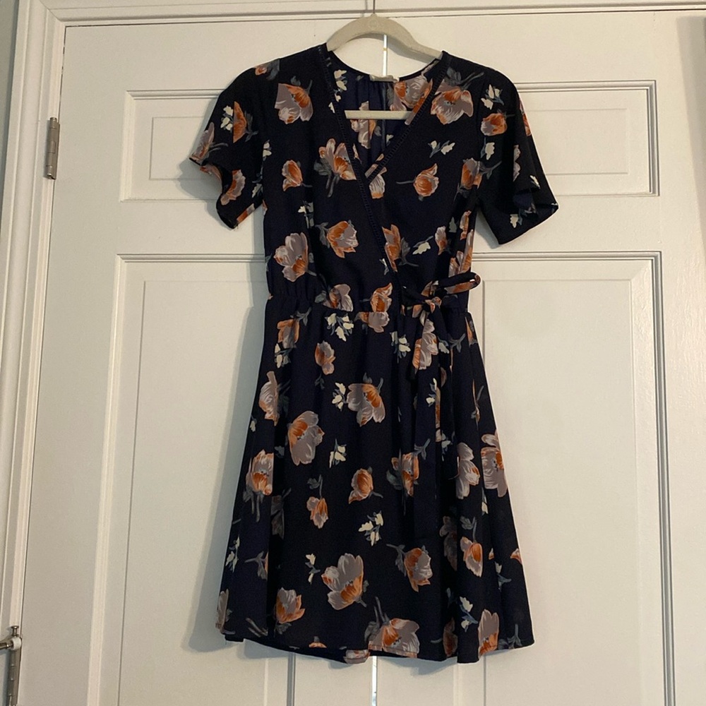 Navy Blue Floral Wrap Dress